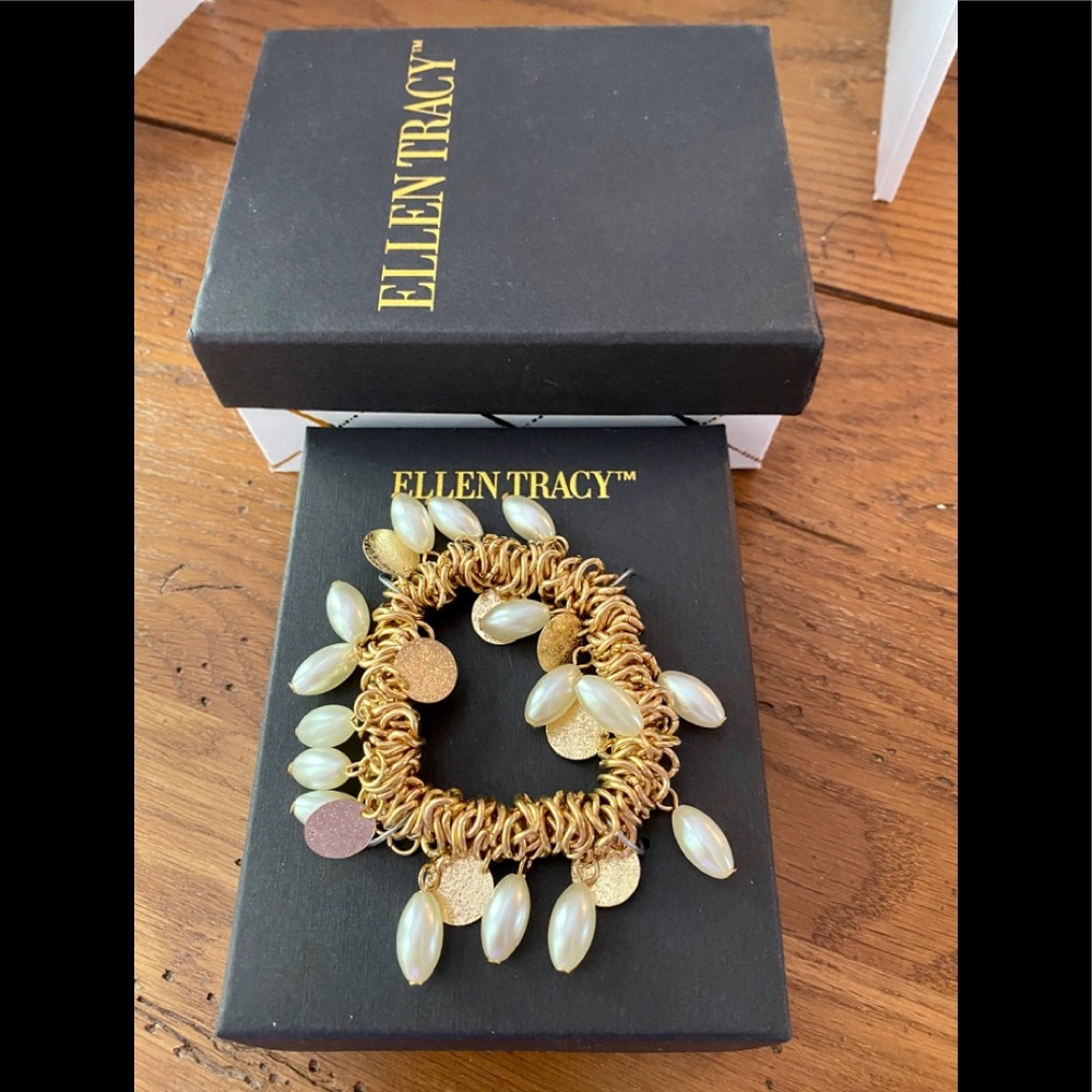 Ellen Tracy Goldtone Faux Pearls Stretch Bangle Bracelet